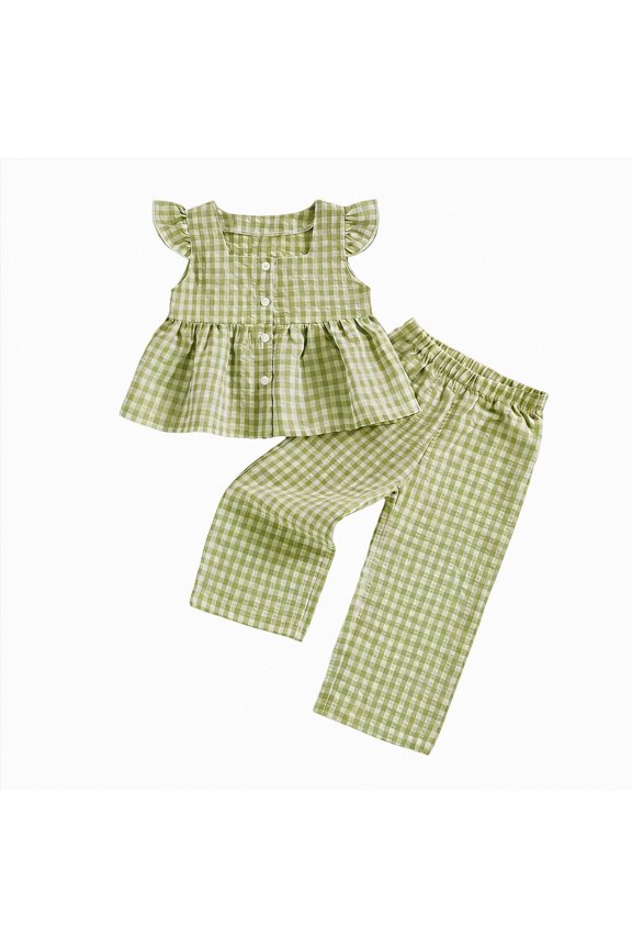 Girls Outfit Set Toddler Girl Summer Clothes Baby Spring Outfits Gingham Plaid Ruffle Sleeveless Vest Tank Top and Pants Set 2Pcs(Green,4-5 Years)