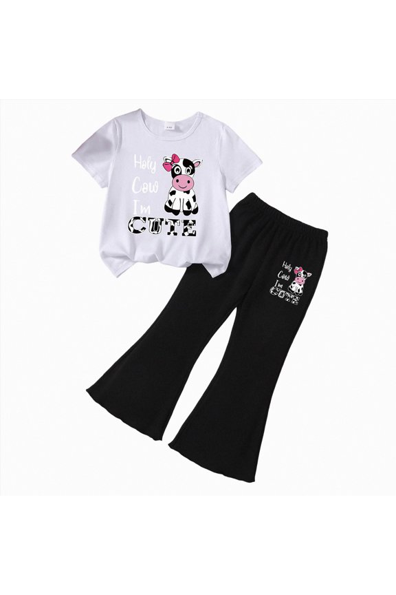 Girls Outfits Toddler Clothes Sweet Summer Set Flutter Sleeve Top Flare Pants(M,6-7 Years)