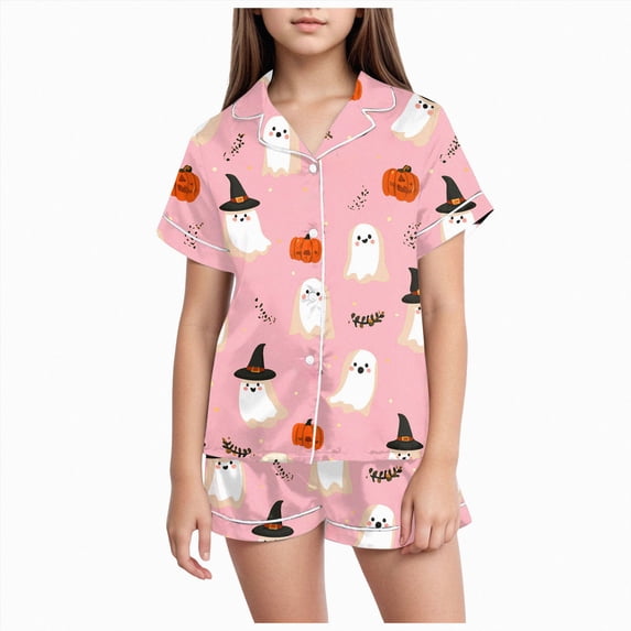 Leey-World Girls Satin Pajama Set Girls Silk Satin Pajama Set Print Short Sleeve Button Shirts Shorts 2 Sleepwear
