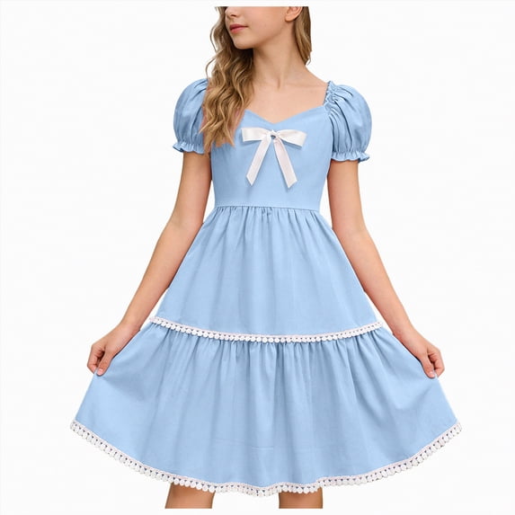Leey-World Girls Summer Dress Flutter RIC Rac Tiered Short Sleeve Square Neck Casual Midi Dresses(Light Blue,10-11 Years)