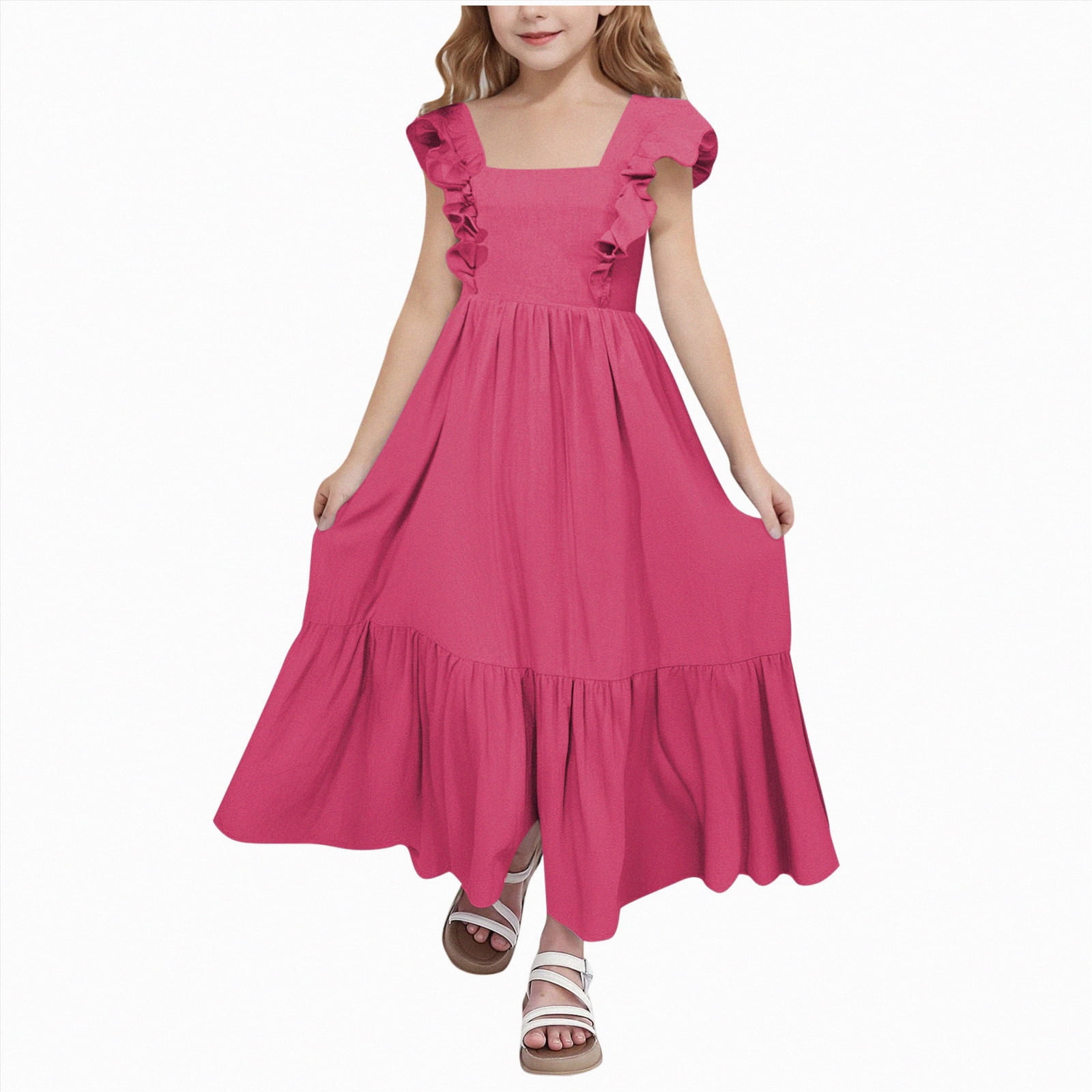 cotton world dresses Leey-World Girls Summer Dresses Cute Ruffle Tie Back Party Dress Kids Cotton  Linen Casual Off Shoulder Boho Beach Maxi Dresses(Hot Pink,4-5 Years)
