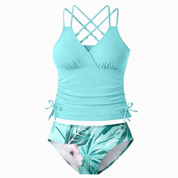 Leey-World Girls Swimwear Girls Tankini Swimsuit Solid Tank Top with Tropical Printed Shorts 2 Piece Girls Bathing Suits(Blue,9-10 Years)