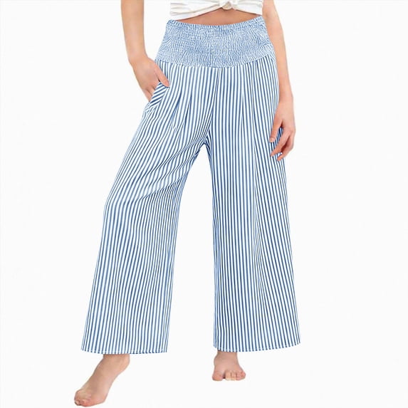 Leey-World Girls Wide Leg Pants Striped Smocked Elastic Waist Pants Casual Loose Palazzo Trousers with Side Pockets(Sky Blue,8-9 Years)