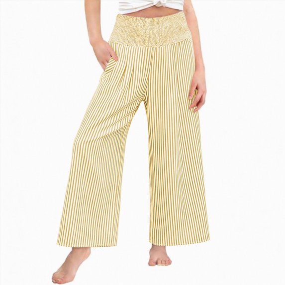 Leey-World Girls Wide Leg Pants Striped Smocked Elastic Waist Pants Casual Loose Palazzo Trousers with Side Pockets(Yellow,13-14 Years)