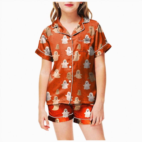 Leey-World Halloween Pajamas Girls Girl Set Halloween Print Soft Comfortable Home Short Sleeve Shorts Sleep Wear Two Piece Pack