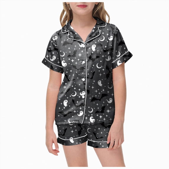 Leey-World Halloween Pajamas Girls Girls Halloween Pajamas Sets Sleeping Pants Cute Print Home Short Sleeve Shorts Pajama Set Full Suit Clothes(Grey,2-3 Years)