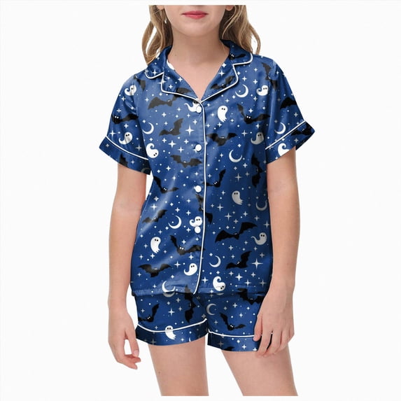 Leey-World Halloween Pajamas Girls Halloween Pajamas Sets Sleeping Pants Cute Print Home Short Sleeve Shorts Pajama Set Full Suit Clothes(Blue,8-9 Years)