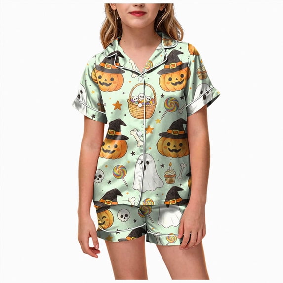 Leey-World Halloween Pajamas Girls Kids Satin Pajama Sets Classic Button Down 2pcs Sleepwear Pjs for Girls Relaxed Home Wear Pjs for Girls 2T 3T 4T 5T 6T 7T 8T