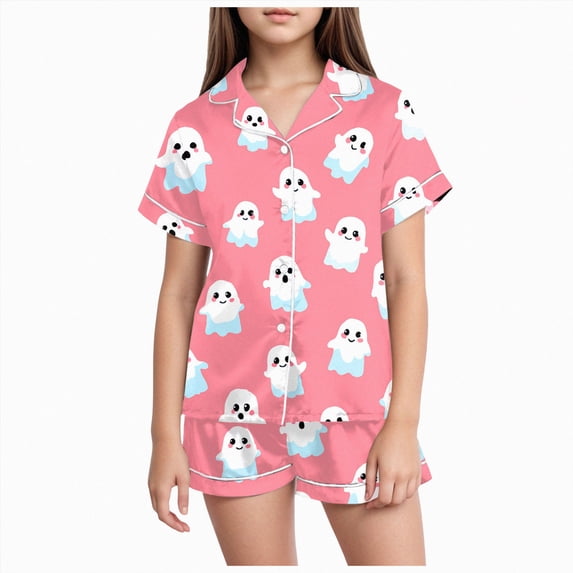 Leey-World Halloween Pajamas Girls Pajama Set Halloween Pumpkin Ghost Halloween Print Satin Soft 2 Piece Pajamas Set