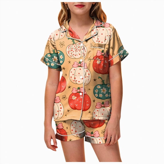 Leey-World Halloween Pajamas Kids Girl's Halloween Pajama Set Cute Cartoon Printed Short Sleeved Shorts Home Clothes