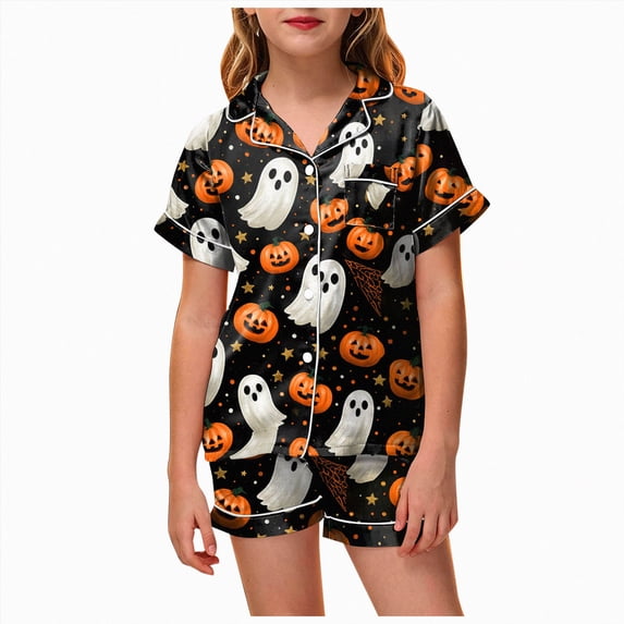 Leey-World Halloween Pajamas Toddler Toddler Kids Little Girls Halloween Satin Pajamas Pumpkin Short Sleeve Button Down Sleepwear Pjs Set