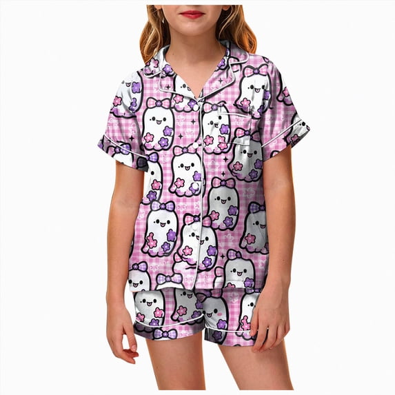Leey-World Halloween Pjs Girls Pajama Set With Cute Print Home Short Sleeve Shorts Pajama Set Pjs for Girls 2T 3T 4T 5T 6T 7T 8T