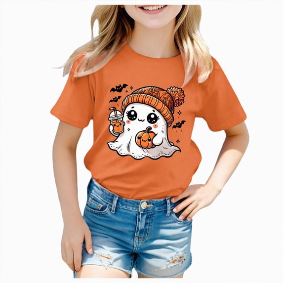 Leey-World Halloween Shirt for Kids Kids Girls Halloween Print T Shirt Short Sleeve Tee Crewneck Casual Fit Basic Shirts(Orange,6-7 Years)
