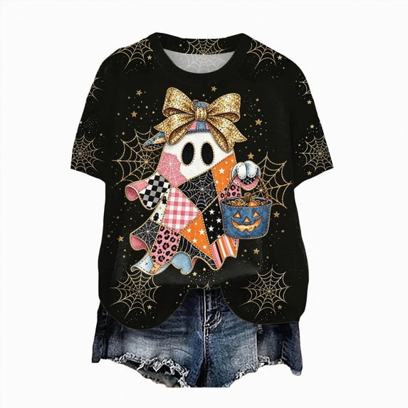 Leey-World Halloween Shirt for Women Shirt for Women Fashion Halloween Print T Shirt Women Short Sleeve Crew Neck Loose Top