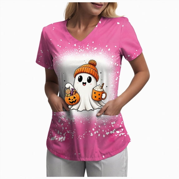 Leey-World Halloween T Shirts for Women Scrub Tops for Women Plus Size Stretch V Neck Short Sleeve Nursing Scrub Shirts Lightweight Medical Uniform(Pink,XL)