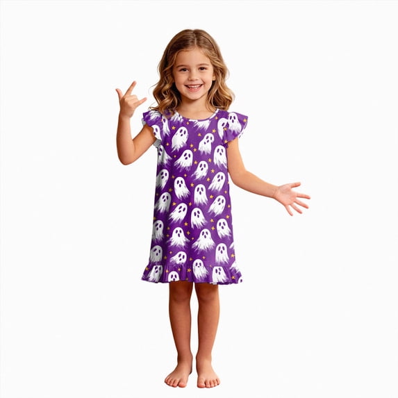 Leey-World Halloween Toddler Pajamas Girls Cute Halloween Nightgown Dress Flutter Short Sleeves 2-10 Years Soft Casual Dress