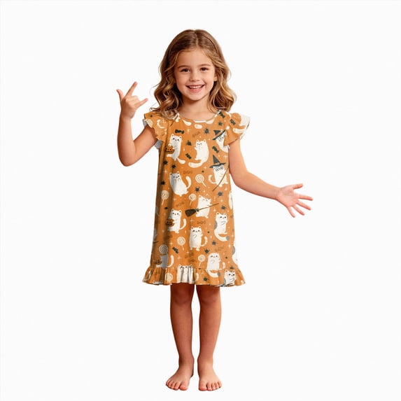 Leey-World Halloween Toddler Pajamas Girls Cute Halloween Nightgown Dress Flutter Short Sleeves 2-10 Years Soft Casual Dress