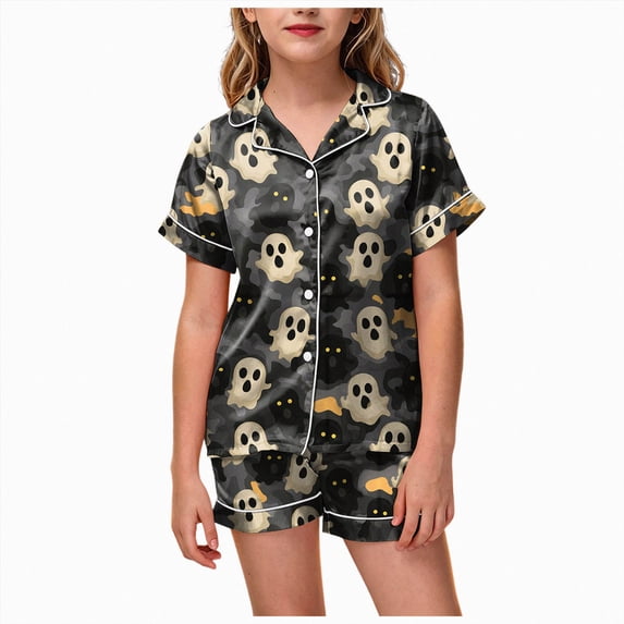 Leey-World Halloween Toddler Pjs Toddlers Halloween Baby Kids Girl Pumpkin Pajama Set Jammies Button Down Sleepwear