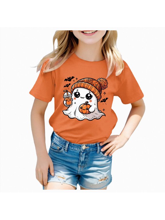 Halloween Tshirts Kids Kids Girls Halloween Print T Shirt Short Sleeve Tee Crewneck Casual Fit Basic Shirts(Orange,3-4 Years)