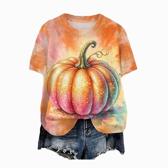 Leey-World Halloween Tshirts Women Vintage Women Fall Halloween Crew Neck Shirt Casual Funny Family Party Celebration Short Sleeve Tee Pumpkin Top for Holiday