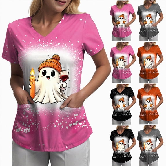 Leey-World Halloween Tshirts Women Women's Scrub Tops Short Sleeve V-Neck Halloween Print Plus Size Medical Shirts Stretchy Working Uniform with Pockets(Light Gray,L)