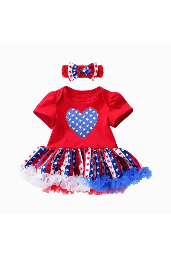 Infant 4th Of July Outfit Girl Baby Girl Clothes Short-sleeve Square Neck Romper + Floral Pleated Skirts Shorts Headband Spring Summer Outfits(Red,0-3 Months)