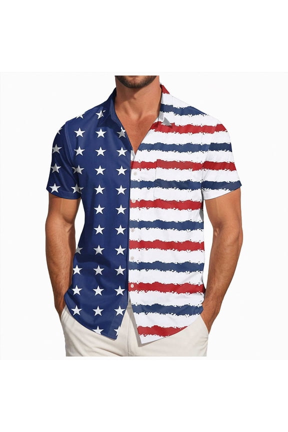 July 4th 250 Year Anniversary T Shirts for Men Short Sleeve Button Up USA Memorial Day Shirts(Dark Blue,L)