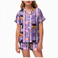 thumbnail image 1 of Leey-World Kids Halloween Pajamas Baby Girl Halloween Silk Pajamas Set Button Down Pumpkin Ghost Short Sleeve Shirts Tops and Shorts Satin Pj Sets, 1 of 5