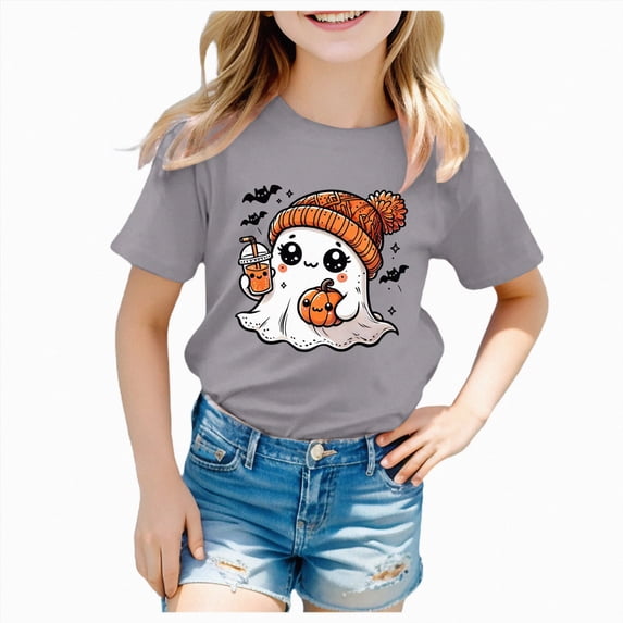 Leey-World Kids Halloween Shirt Kids Girls Halloween Print T Shirt Short Sleeve Tee Crewneck Casual Fit Basic Shirts(Grey,10-11 Years)