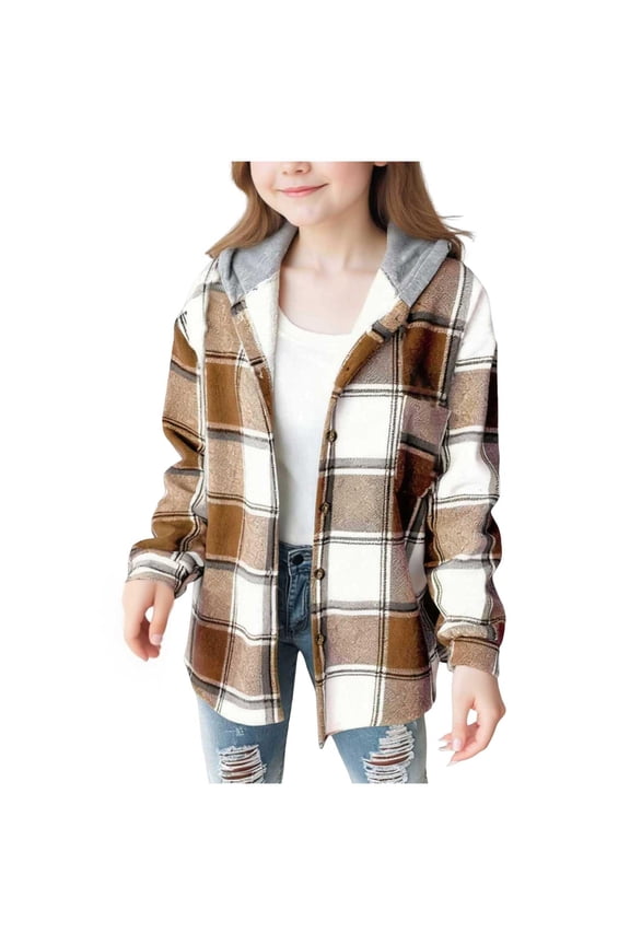 Light Toddler Jacket Plaid Jacket for Teen Girls Fleece Flannel Plaid Button down Shirt Jackets Coats Long Sleeve Hooded Jackets 4-15 Years(Khaki,4-5 Years)