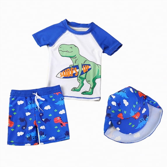 Leey-World Little Boy Two Pieces Rash Guard Swimsuit Set Kids Cute Cartoon Dinosaur Short/Long Sleeve Bathing Suit with Sun Cap(Blue,S)