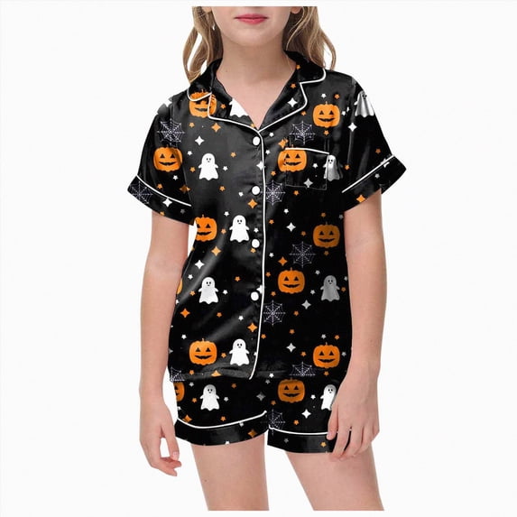Leey-World Little Girl Halloween Pajamas Baby Girl Halloween Silk Pajamas Set Button Down Pumpkin Ghost Short Sleeve Shirts Tops and Shorts Satin Pj Sets