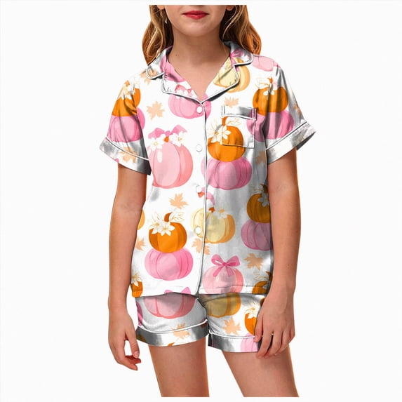 Leey-World Matching Pajamas Girls Shorts Set Toddler Short Sleeve Print Shirts Tops Pants Outfits Button