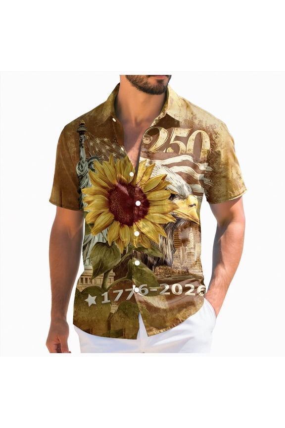 Men's 250 Anniversary Usa Shirt Patriotic Hawaiian Shirt for Men - Vintage Beach Vacation Summer Button Down Shirt for 4th of July(Yellow,6XL)