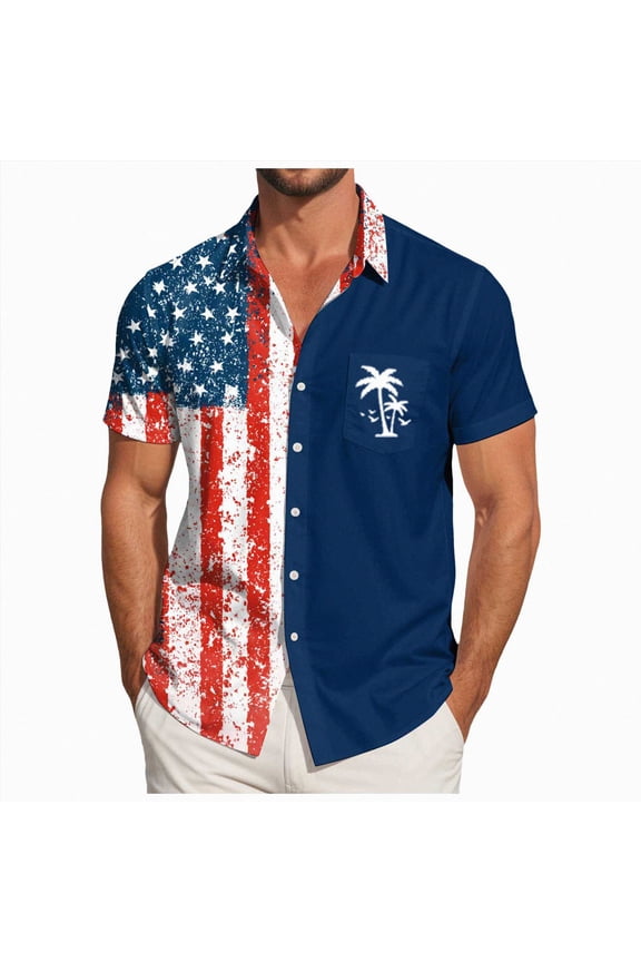Mens 250th Anniversary Shirts Hawaiian Shirts for Men | Printed Men's Casual Short Sleeve Button-Down Shirts, Patriotic Style(Navy,L)