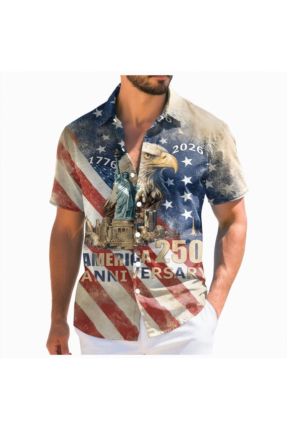 Mens America 250 Anniversary Shirt Hawaiian Shirt Patriotic Eagle Flag Button Down Shirts for Men(Grey,XL)