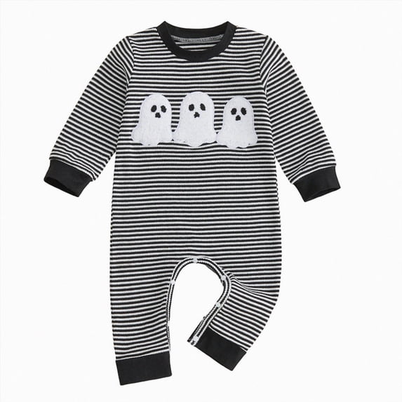 Leey-World Newborn Baby Boy Fall Winter Clothes Infant Romper Jumpsuit Baby Halloween Outfits Embroidered Ghost Onesie Striped Long Sleeve Romper Clothes