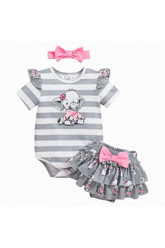 Newborn Baby Girl Clothes Print Outfit Waffle Knit Sleeveless Romper Ruffle Shorts Set Spring Summer Clothes(Grey,3-6 Months)