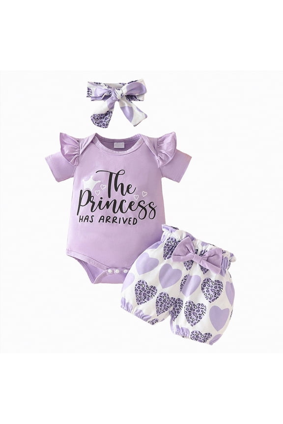 Newborn Baby Girl Clothes Print Outfit Waffle Knit Sleeveless Romper Ruffle Shorts Set Spring Summer Clothes(Light Purple,6-9 Months)