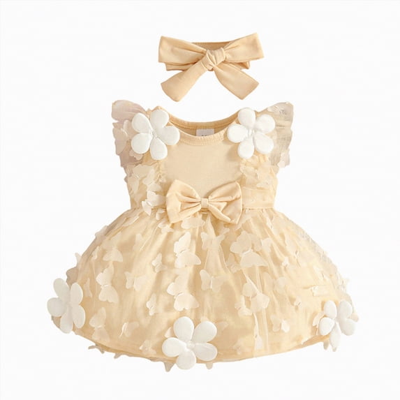 Leey-World Newborn Infant Baby Girl Princess Bowknot Dress with Headband, Flower Tulle Dress Wedding Birthday Party Photography Outfits(Beige,6-9 Months)