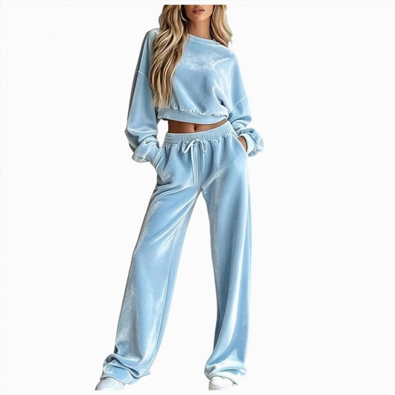 Leey-World Outfit Sets for Women Women Fall Clothes Winter Solid Color Long Sleeve Pullover Crop Top and Wide Leg Pants Lounge Set Travel Outfits for Women