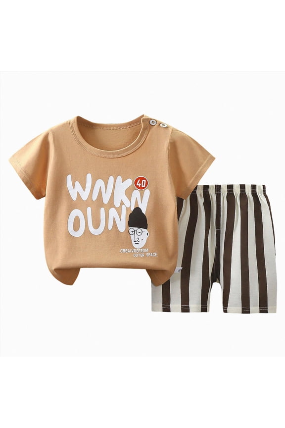 Pajamas for Baby Girls Boys Pajamas Set Cute Print Crew Neck Short Sleeve T-Shirts Elastic Waist Shorts for 2t 3t 4t 5t 6t 7t Summer Pjs Kids(18-24 Months,Khaki)