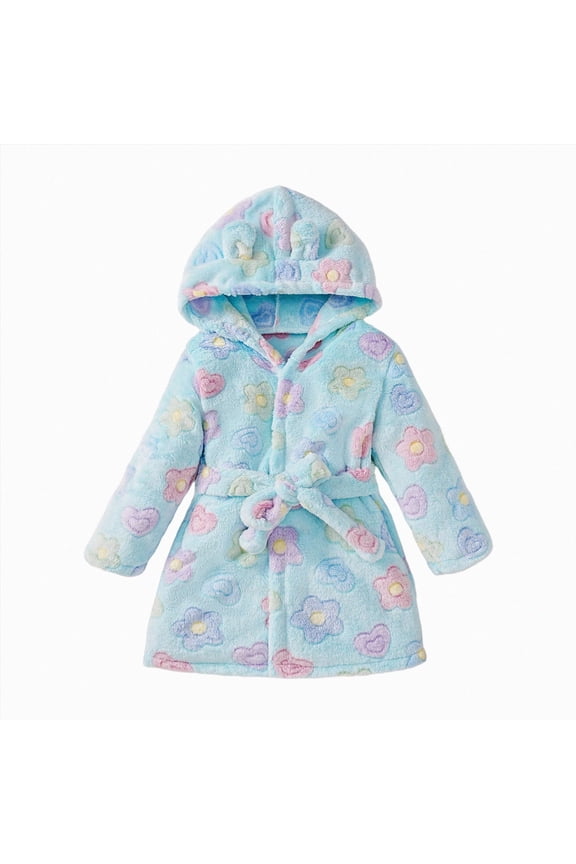 Robe for Toddler Girl Kids Little Boys Girls Cartoon Hooded Bathrobe Toddler Robe Pajamas Sleepwear(Light Blue,3-4 Years )