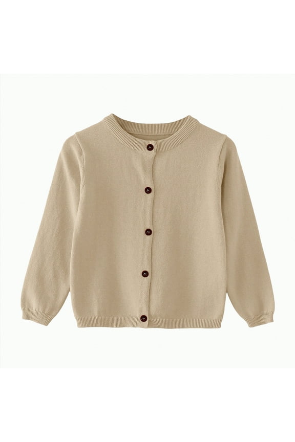 School Uniforms for Girls Girls Cardigan Kids School Uniform Sweater 100% Cotton Knit Girls Sweaters Button Crewneck Toddler Cardigans(Khaki,7-8 Years)
