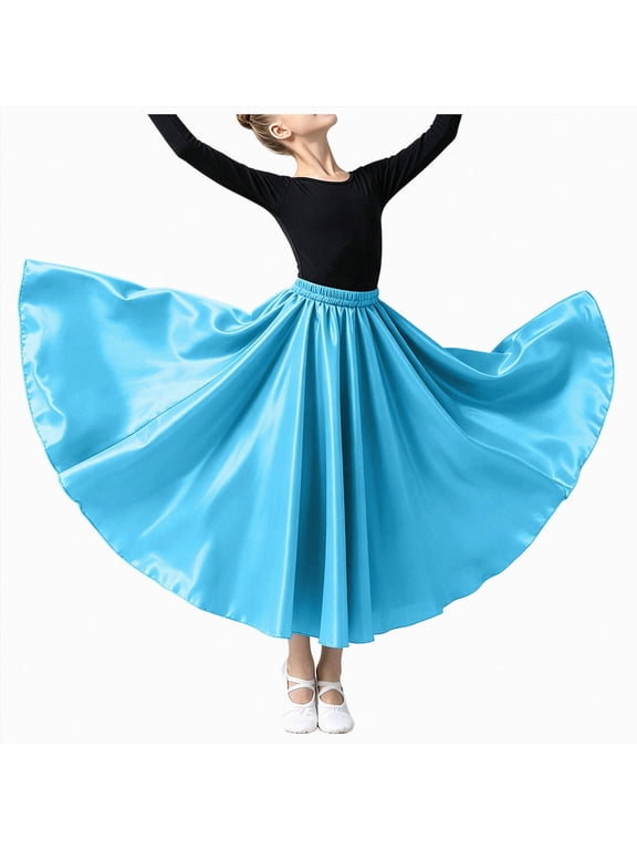 Skirts for Kids Trendy Long Full Circle Satin Tea Ankle Length Swing Dance Cosplay Skirt Big School Children Girls 3 to 12 Years(Sky Blue,2-4 Years)