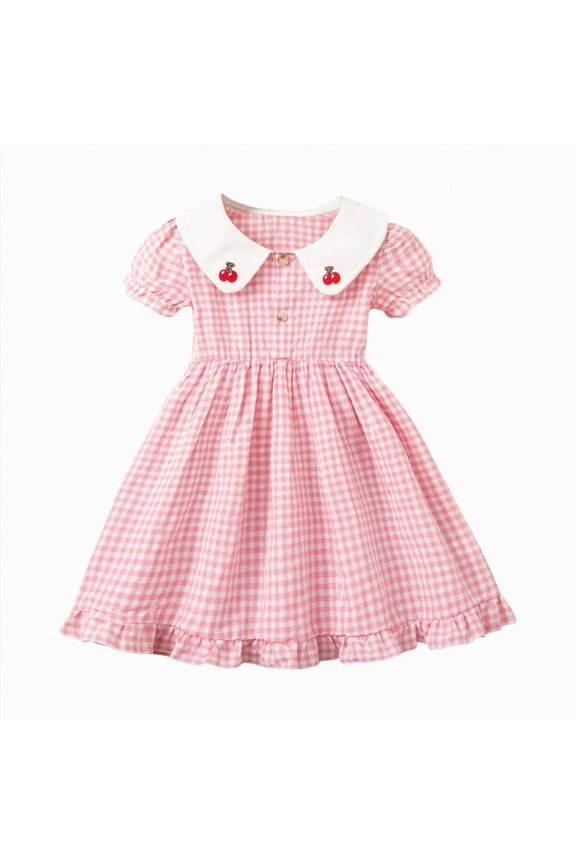 Sunny Fashion Girls Dress Beige Short Sleeve Collar Button Front School Uniform(Pink,3-4 Years)