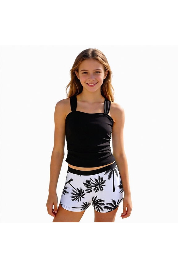 Swimsuit Tween Teen Girls Swimsuits Two Piece Bikini Sets with Chest Pad(Black,8-9 Years)