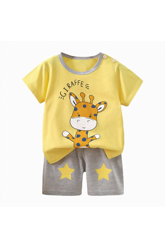 Toddler Baby Boys Summer Outfits Short Sleeve Cartoon Print T-Shirt Tops & Shorts Sets 2Pcs Baby Boys Summer Clothes for 1t 2t 3t 4t 5t 6t(Yellow,2-3 Years)