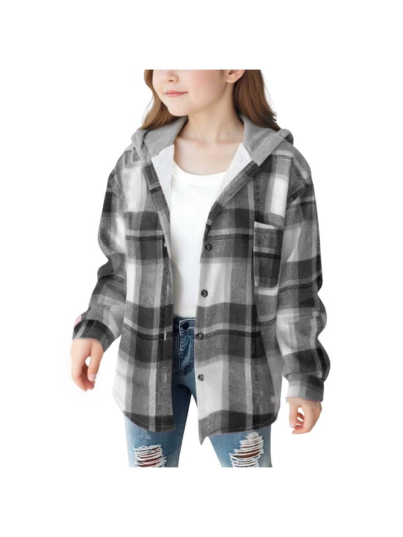 Toddler Boy Coats Plaid Jacket for Teen Girls Fleece Flannel Plaid Button down Shirt Jackets Coats Long Sleeve Hooded Jackets 4-15 Years(Dark Gray,8-9 Years)