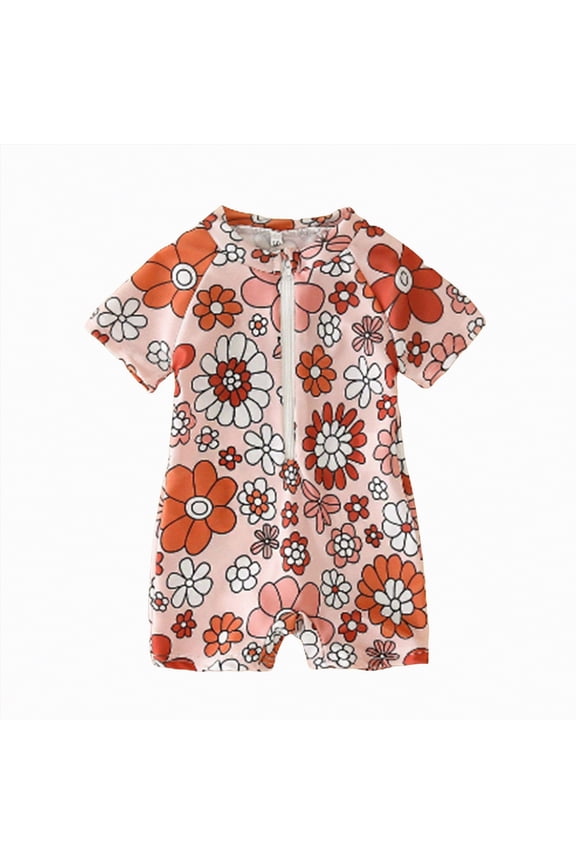 Toddler Boy Girl Short Sleeve One Piece Zipper Swimsuit Watercolor Swimwear Romper Jumpsuit Beach Bathing Suit(Brown,6-12 Months)